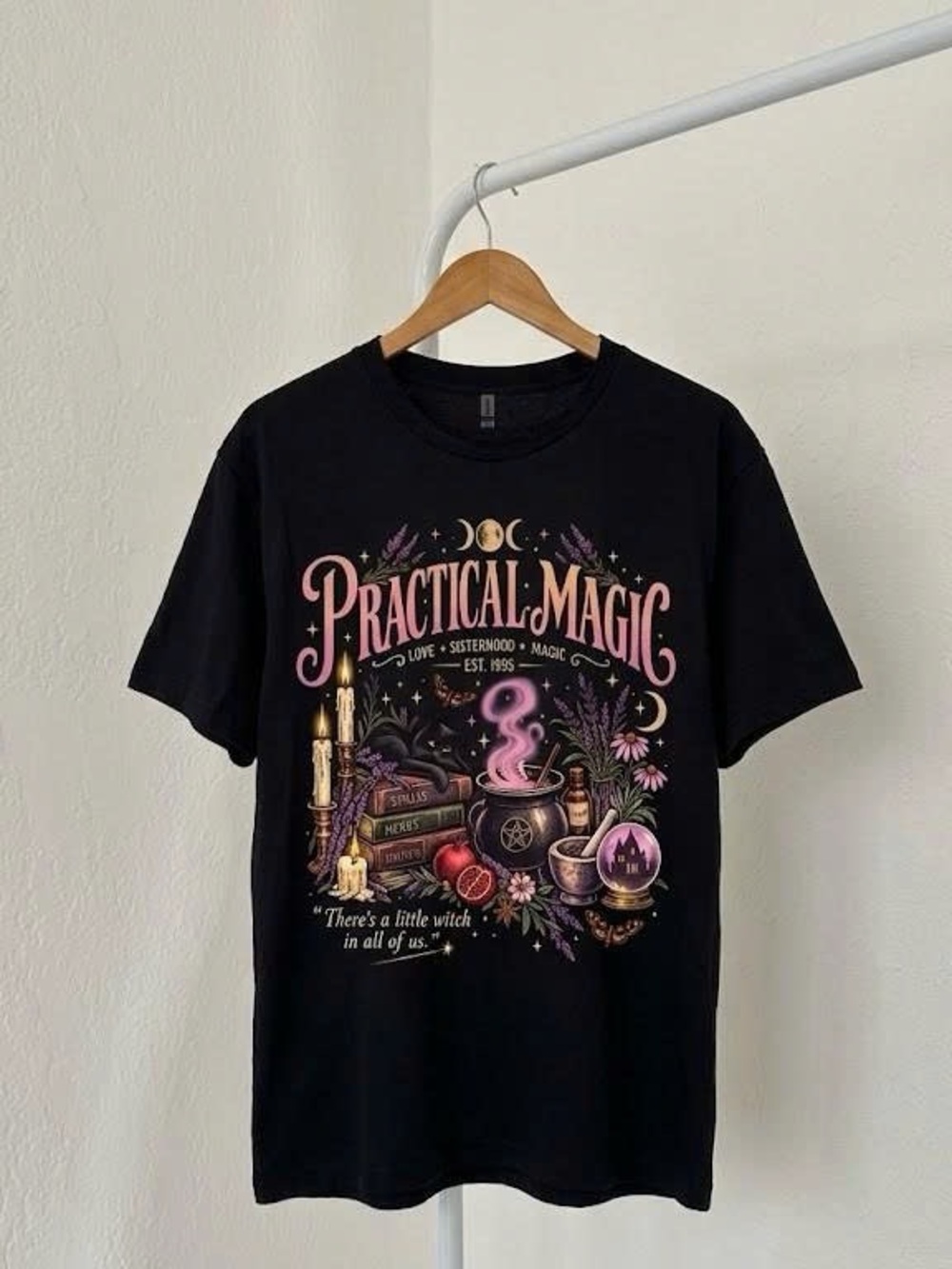 Practical Magic Witchy Cauldron Cat Halloween Graphic Tee — Black